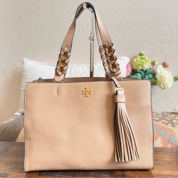 Tory Burch BROOKE Tan Leather Nubuck Sides Tassel Braided Handles Tote - Picture 3 of 17